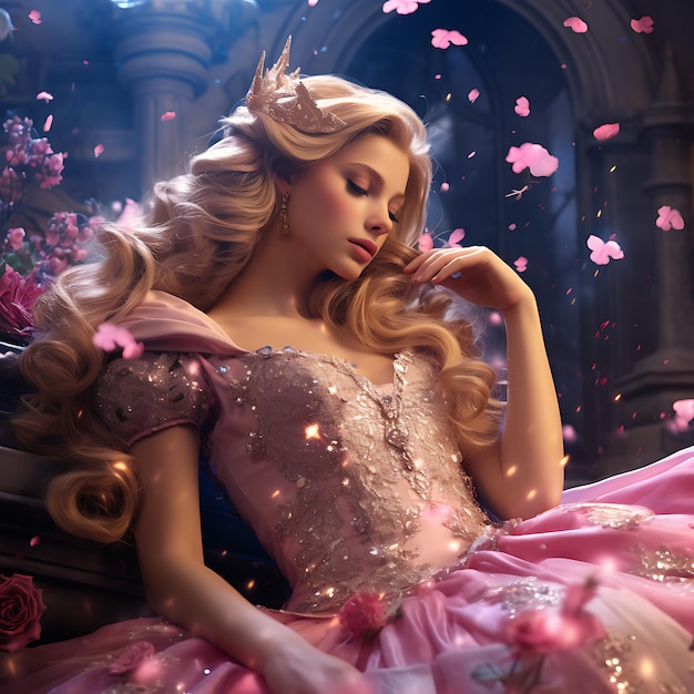 Beautiful sleeping princess wearing an elegant dress costume gown