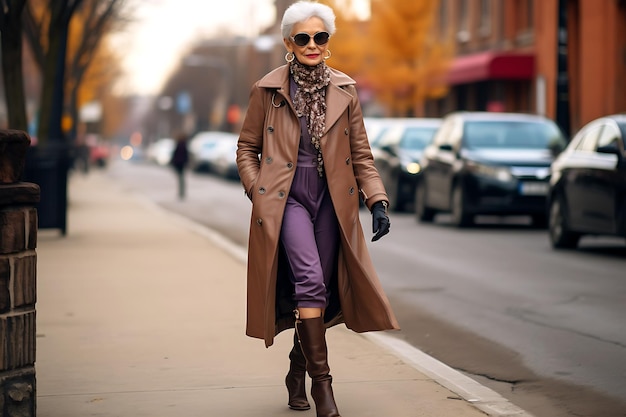 Красивая стройная пожилая женщина с седыми волосами и макияжем идет по городской улице