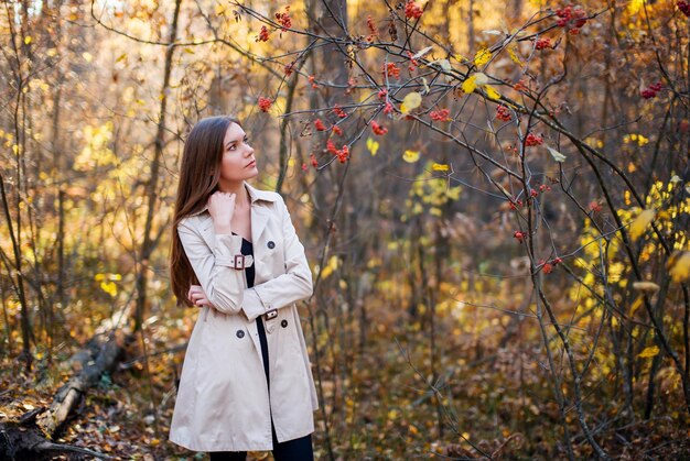 Photo beautiful slender girl in a raincoat in the autumn forest at sunset warm light yellow and red foliage profile