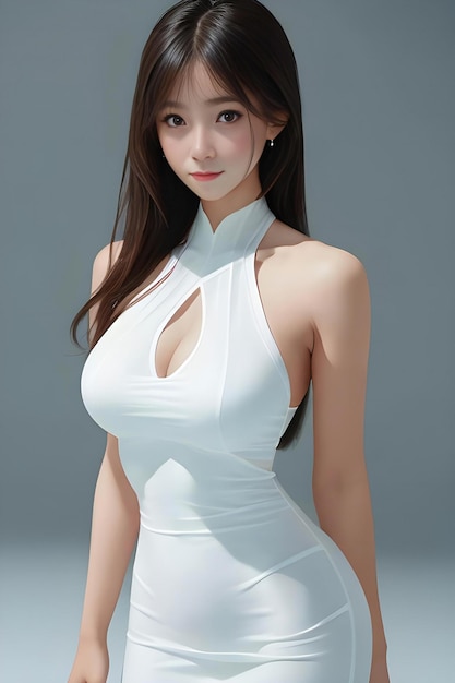 Beautiful slim body of asian woman in studio white dress
