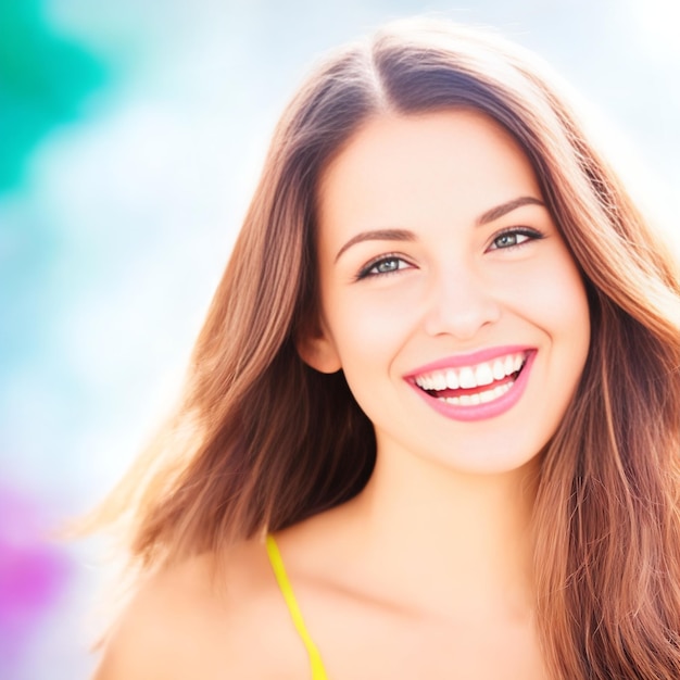 Photo beautiful slim woman smiling on bright background smiling portrait