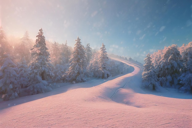 Bellissimo pendio attraverso la foresta di abeti rossi nella stazione sciistica al mattino 3d artwork