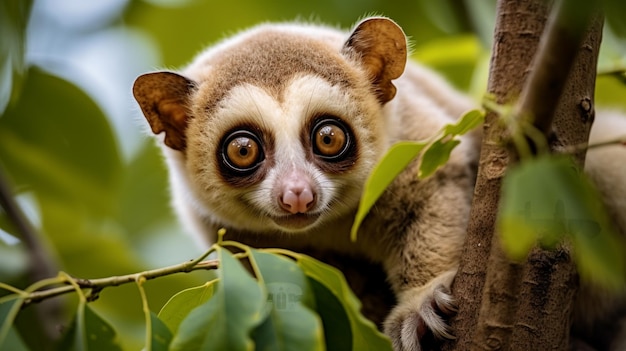 The beautiful Slow Loris on tree with green leaf as background AI Generative