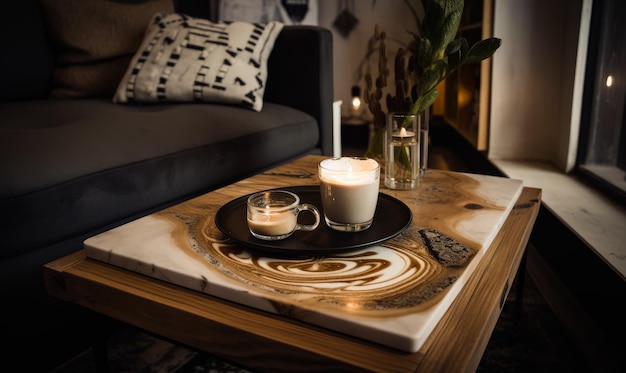 コーヒーテーブルのある美しい小さな居心地の良い部屋 黒いプレートに置かれたカプチーノカップ ジェネレーティブ AI