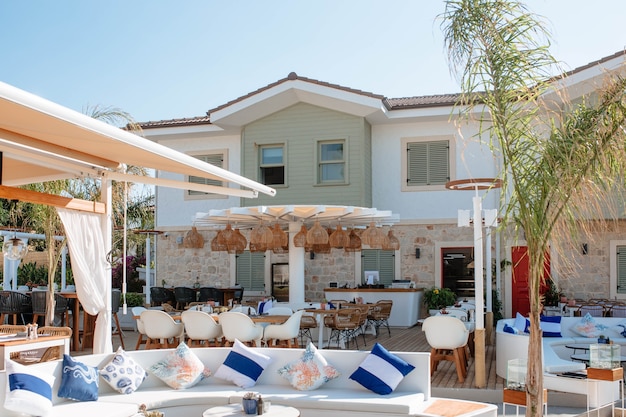 Beautiful small family-run hotel with outdoor restaurant on the Mediterranean coast in Turkey.