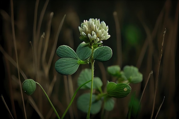 写真 牧草地の細い茎に美しい小さな四つ葉の緑のクローバー