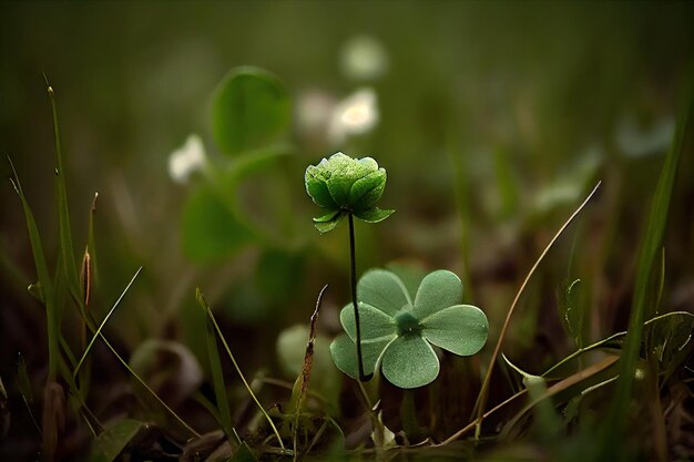 Photo beautiful small fourleaf green clover on thin stem in meadow