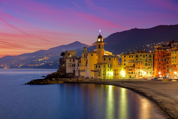Beautiful Small Mediterranean Town at the evening time with illumination Camogli Italy European travel