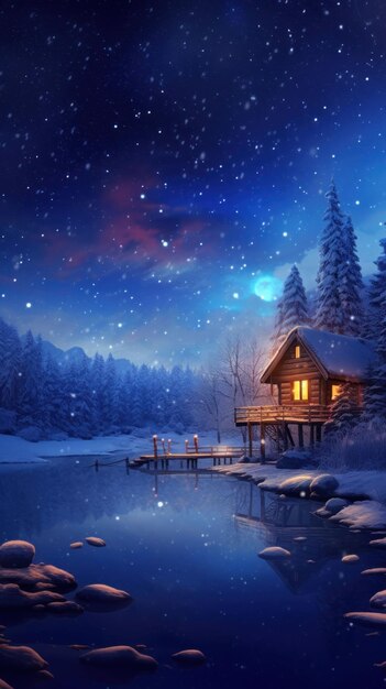 美しい小さな小屋と雪が降る超現実的な冬の夜
