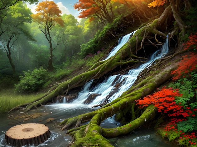 beautiful small waterfall in autumn forest ai generated