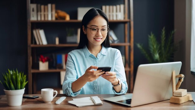 Beautiful smart asian young entrepreneur business woman owner of sme checking product on stock scan