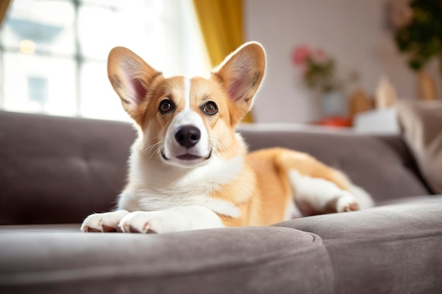 Beautiful smart calm purebred corgi dog lying on on sofa in living room Generative AI