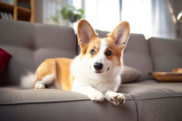 Beautiful smart calm purebred corgi dog lying on on sofa in living room Generative AI