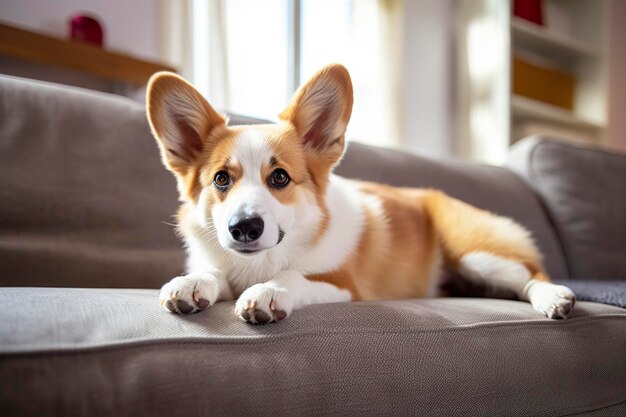 Beautiful smart calm purebred corgi dog lying on on sofa in living room Generative AI