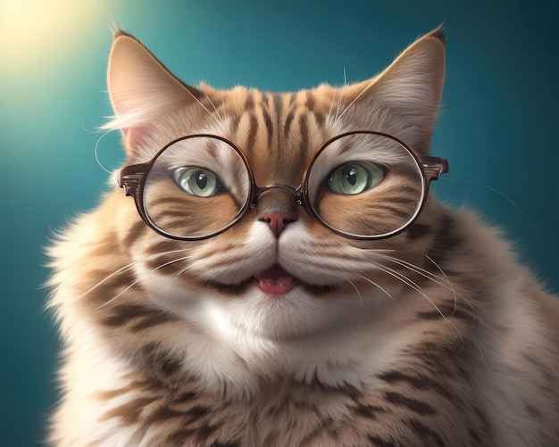 Beautiful smart cat with glasses on a clean background closeup