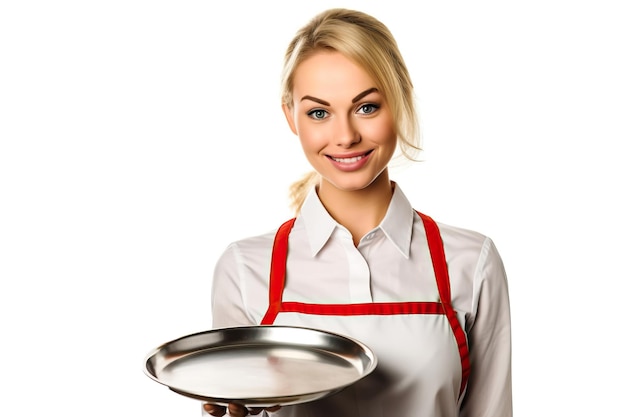 Beautiful smiles waitress holding an empty pan white background