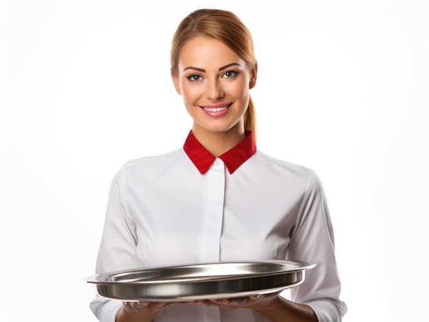 Beautiful smiles waitress holding an empty pan white background