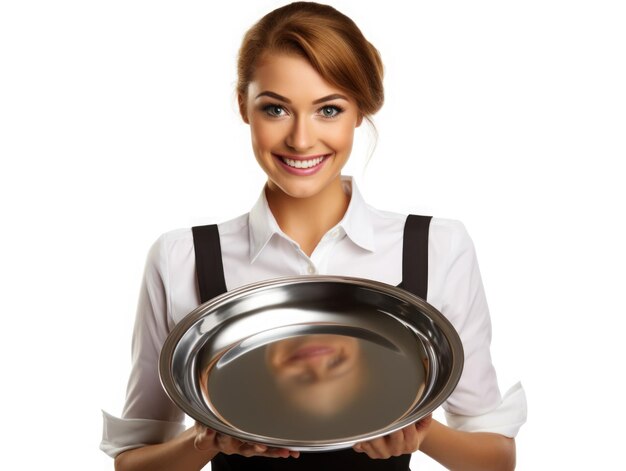Beautiful smiles waitress holding an empty pan white background