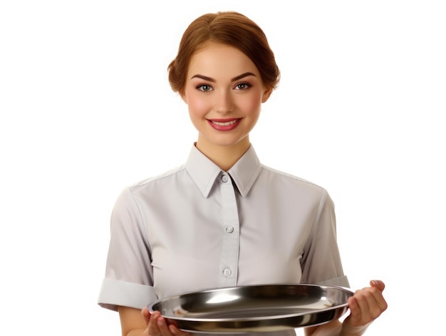 Beautiful smiles waitress holding an empty pan white background