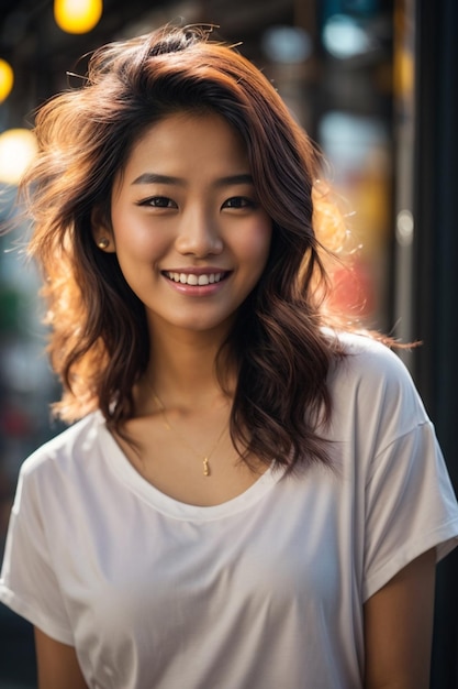 Beautiful and smiley face young Asian woman with white tshirt