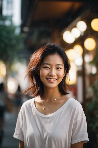 Beautiful and smiley face young Asian woman with white tshirt