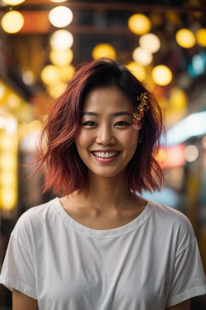 Красивое и улыбающееся лицо молодой азиатской женщины в белой футболке