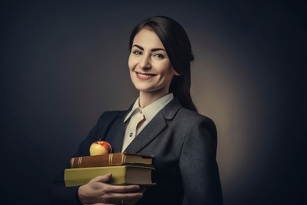 Beautiful smiley teacher holding a bunch of books and an apple