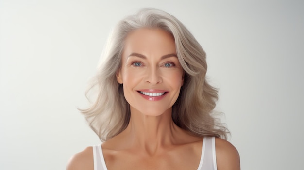 Beautiful Smiling 50s Mid Aged Mature Woman on White Background Skin Care Beauty