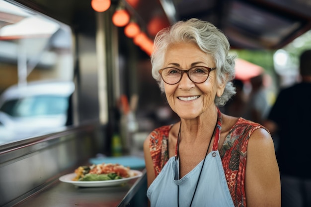 Beautiful smiling 80 years old woman wears glasses selling street food in truck at the festival