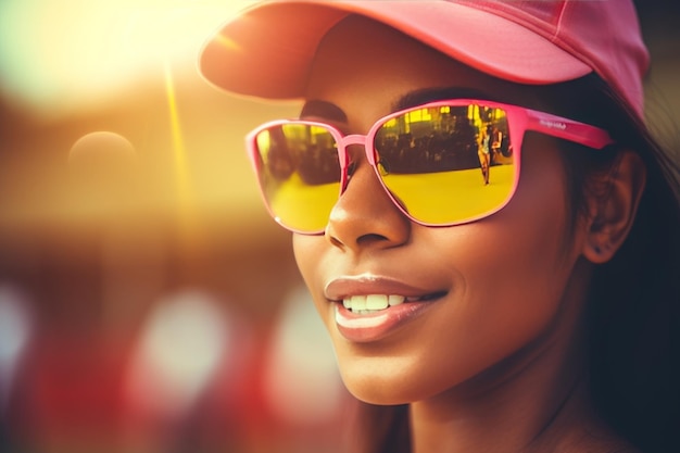 Красивая улыбающаяся афроамериканская спортсменка в розовой шапке и солнцезащитных очках в лучах солнца