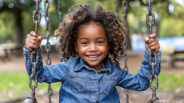 Photo beautiful smiling afro black girl swings on a park swing