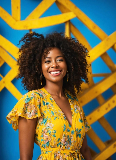 Beautiful smiling afro wearing a yellow floral dress