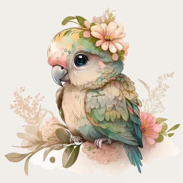 Beautiful smiling baby parrot flowers clip art isolated with white background generative AI