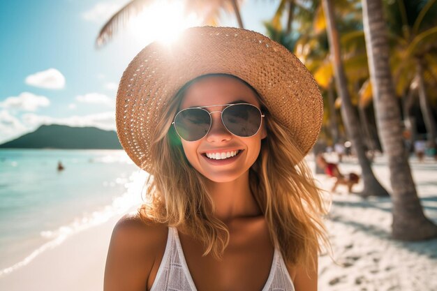 写真 夏のビーチで帽子と眼鏡をかけた美しい笑顔の金髪女性