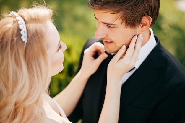 Beautiful and smiling bride and groom