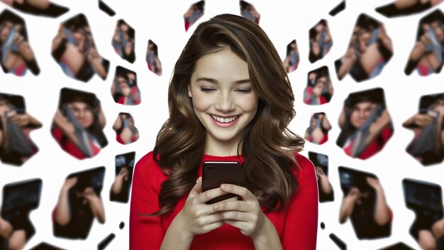Фото Красивая улыбающаяся брюнетка в красном топе с удовольствием использует смартфон изолированно