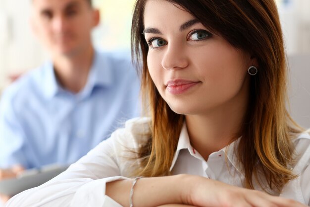 Beautiful smiling businesswoman portrait at workplace