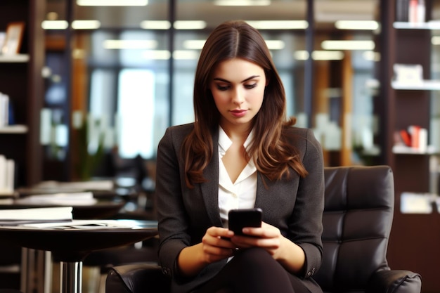 Beautiful smiling businesswoman using smart phone in office