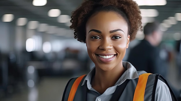 Красивая улыбающаяся перед камерой чернокожая женщина-инженер в защитном жилете и каске Профессиональная чернокожая женщина, работающая на современном производственном заводе Generative Ai