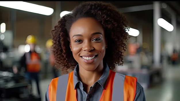 A Beautiful Smiling on Camera Black People Female Engineer in Safety Vest and Hardhat Professional Black People Woman Working in the Modern Manufacturing Factory Generative Ai