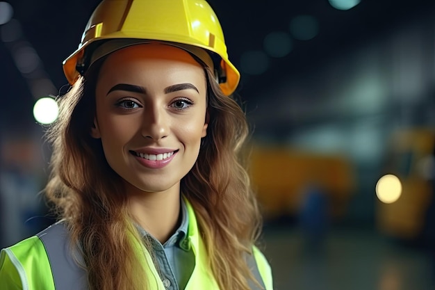 A Beautiful Smiling on Camera Female Engineer in Safety Vest and Hardhat Professional Woman Working in the Modern Manufacturing FactoryGenerative Ai