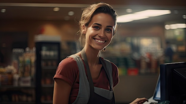 Beautiful smiling cashier working at grocery storecashier