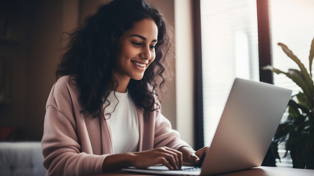 Beautiful smiling ethnic woman works remotely on laptop from home