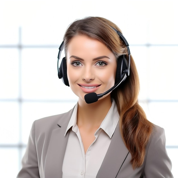 Beautiful smiling female call center operator with headset