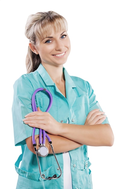 A beautiful smiling female doctor crossed arms isolated portrait