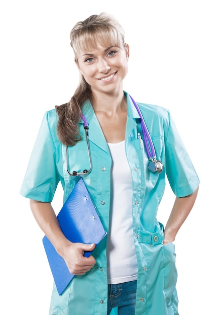 Beautiful smiling female doctor lloking at camera isolated portrait