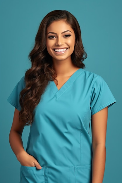 흰색 스크럽을 입고 웃고 있는 아름다운 여성 간호사