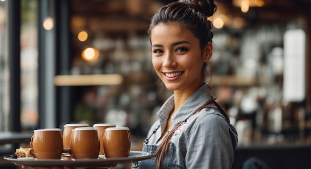 Beautiful smiling girl barista in a coffee shop