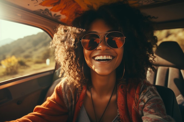 Beautiful smiling girl dressed in hippie style in front of a retro van happy hispanic female tourist