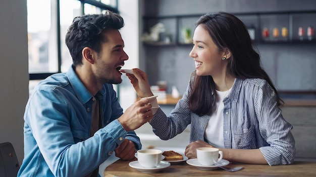 美しい笑顔の女の子がハンサムなボーイフレンドに美味しいケーキを食べコーヒーを飲ませます